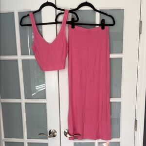Reformation Pink Ribbed Sleeveless Crop Top & Maxi Skirt Set